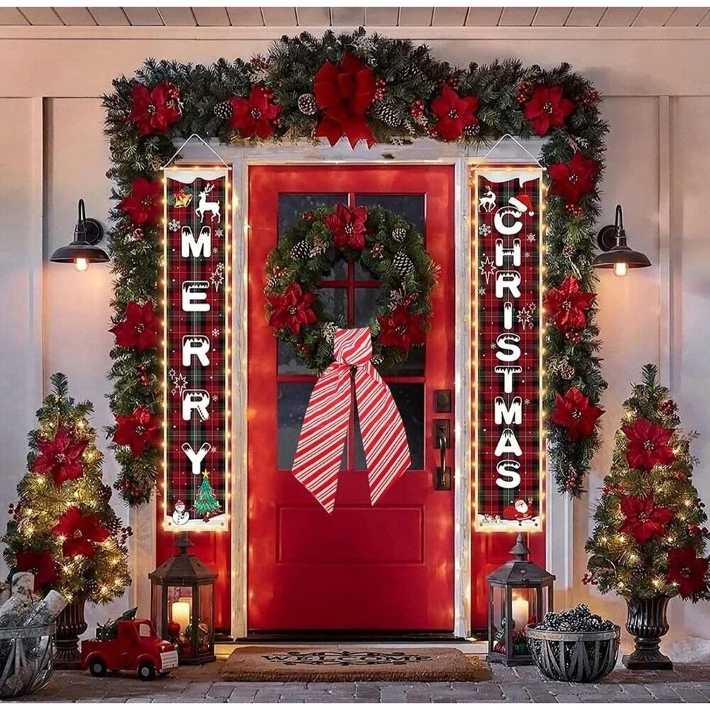 Stranthother 4PCS Candy Cane Christmas Wreath Sash for Front Door Red Bow Scarf
